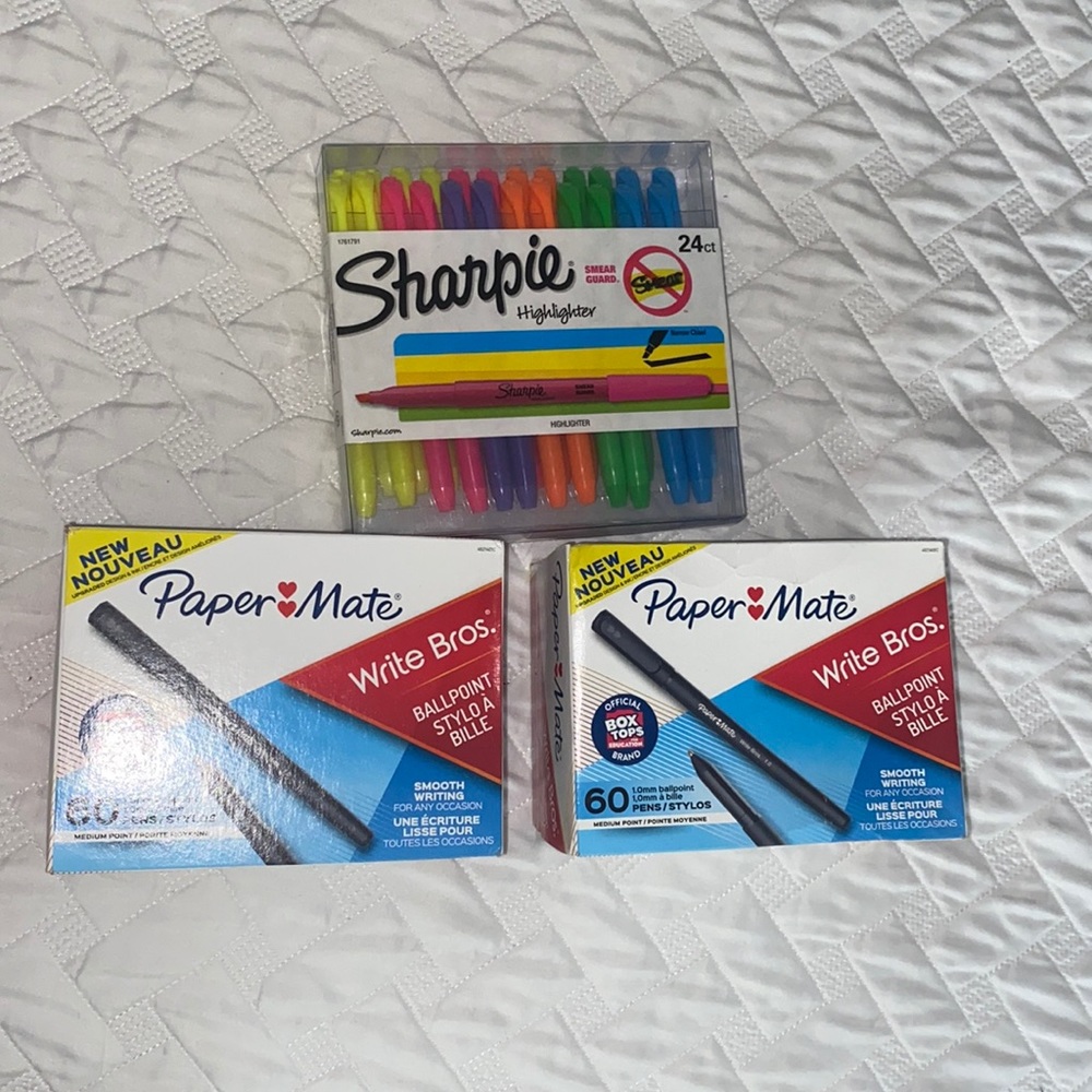 24 ct of SHARPIE highlighters and 2 packs of 60 ct ballpoint pens